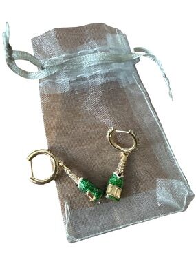 Gold Champagne Bottle Hoop Earrings - Green Glitter Charm
